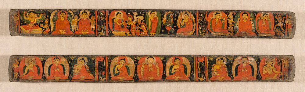 Pair of Buddhist Manuscript Covers: Scenes from the Buddha's Life (c), Buddhas with a Bodhisattva (d)