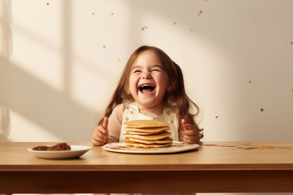 Pancake eating table happy. AI generated Image by rawpixel.