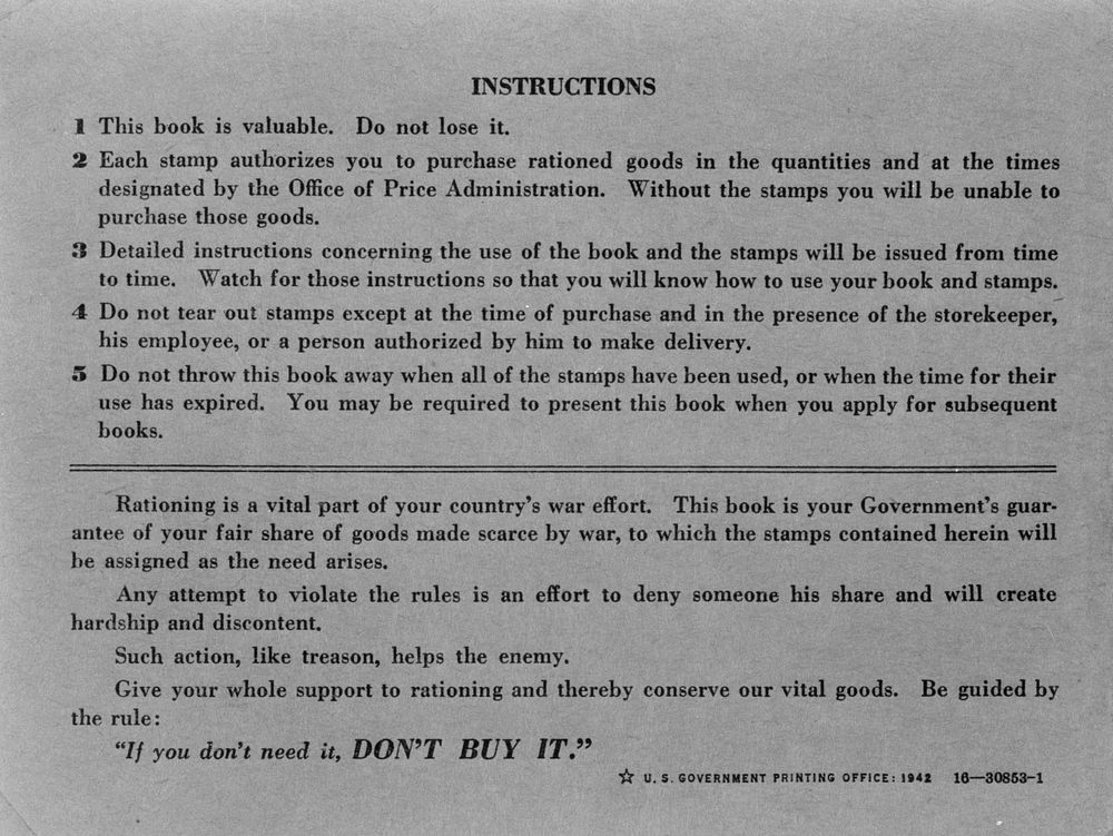 war ration book number two. The back cover of the war ration book number two. Sourced from the Library of Congress.