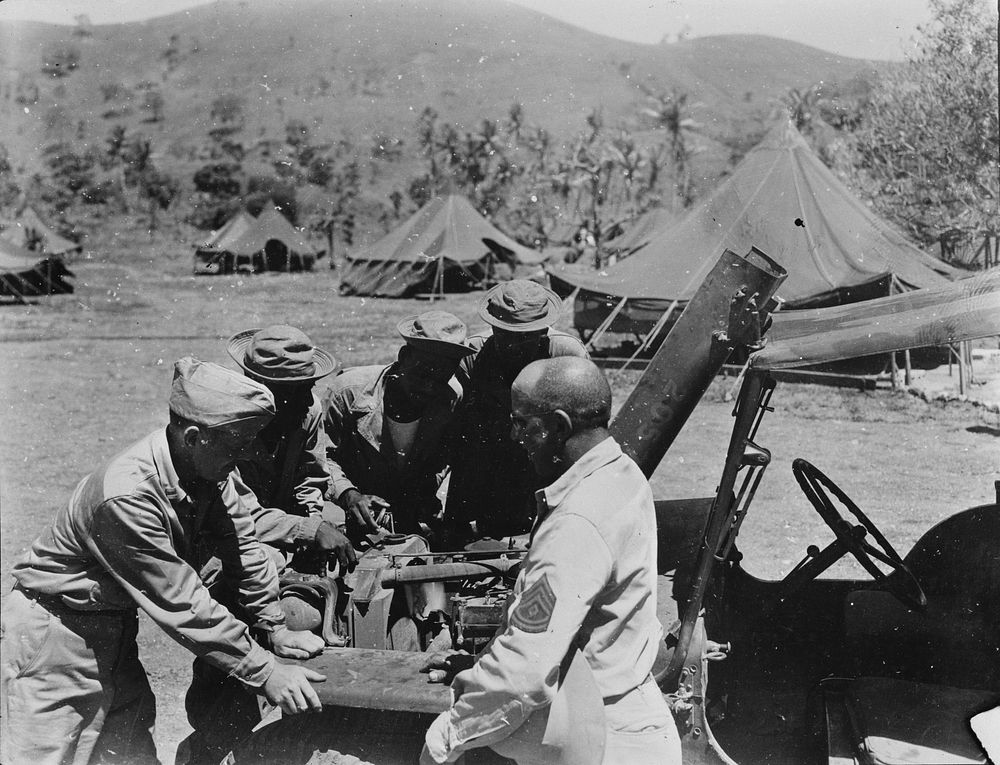 U.S. African American troops in New Guinea. Captain John R. Campbell, Quartermaster Corps, left, and First Sergeant Richard…