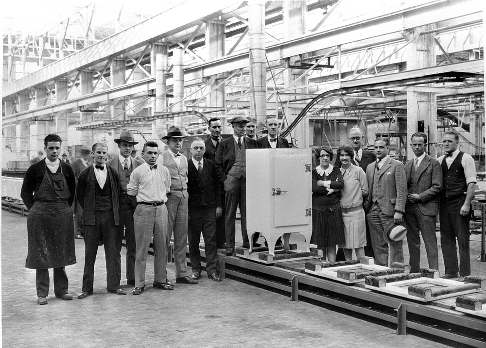 The first refrigerator. First electric refrigerator produced in a large eastern plant is shown as it rolled from the…