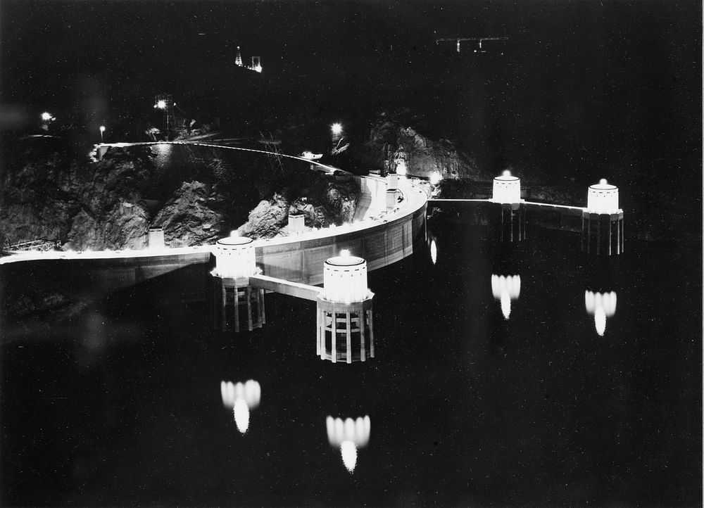 Boulder Dam, between Arizona and Nevada, May, 1940. The intake towers are reflected like giant candles by the rising waters…