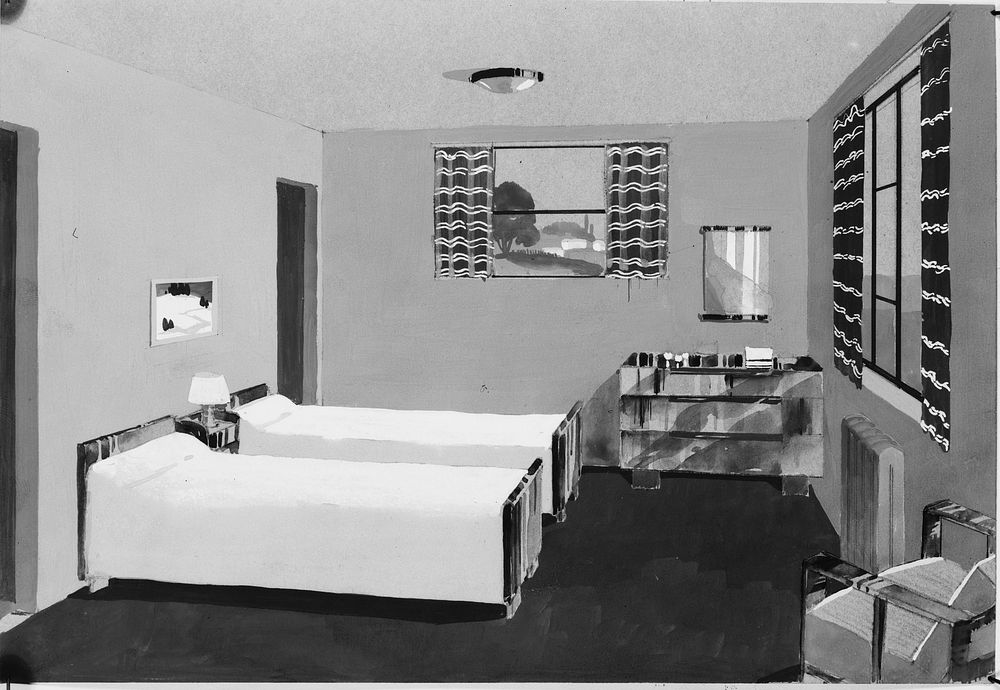 Drawing of bedroom. Greenhills, Ohio. Sourced from the Library of Congress.