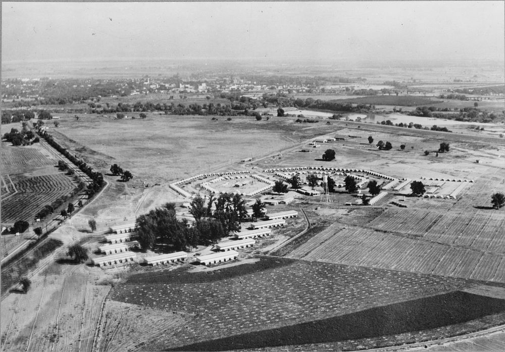 Yuba City, California. Aerial view of the Farm Security Administration camp for migratory workers.. Sourced from the Library…
