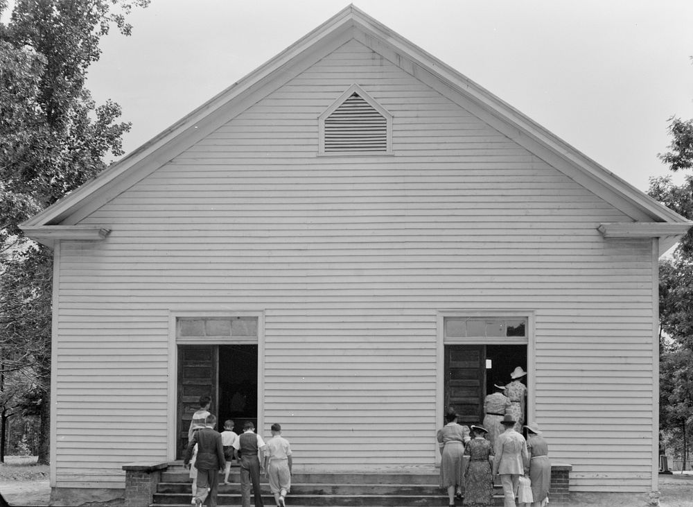 [Untitled photo, possibly related to: Congregation entering church. Wheeley's Church. Person County, North Carolina] by…