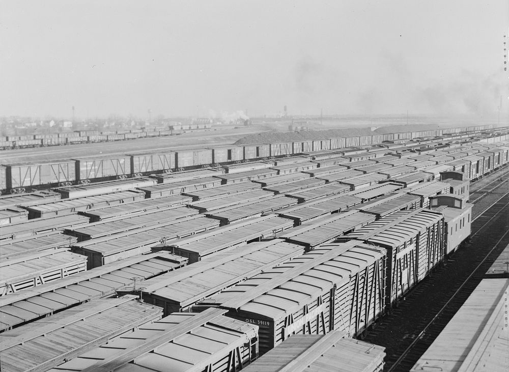 Chicago, Illinois. Stock cars in a Chicago and Northwestern Railroad classification yard. Sourced from the Library of…