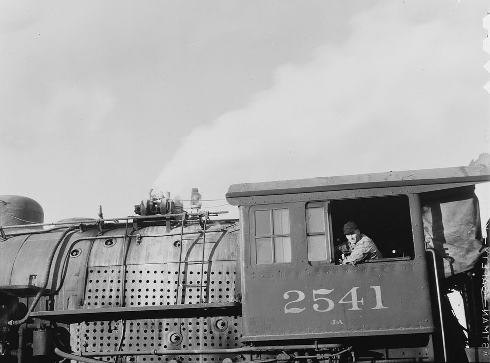 Chicago, Illinois. Engineer in a cab of a locomotive about to pull out of a Chicago and Northwestern Railroad yard. Sourced…