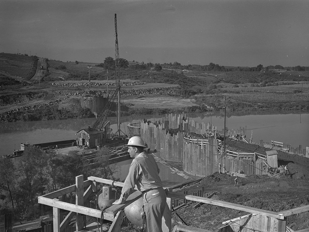 Fort Loudon [i.e., Loudoun] Dam, Tennessee. Tennessee Valley Authority (TVA). Coffer Dam construction. Sourced from the…