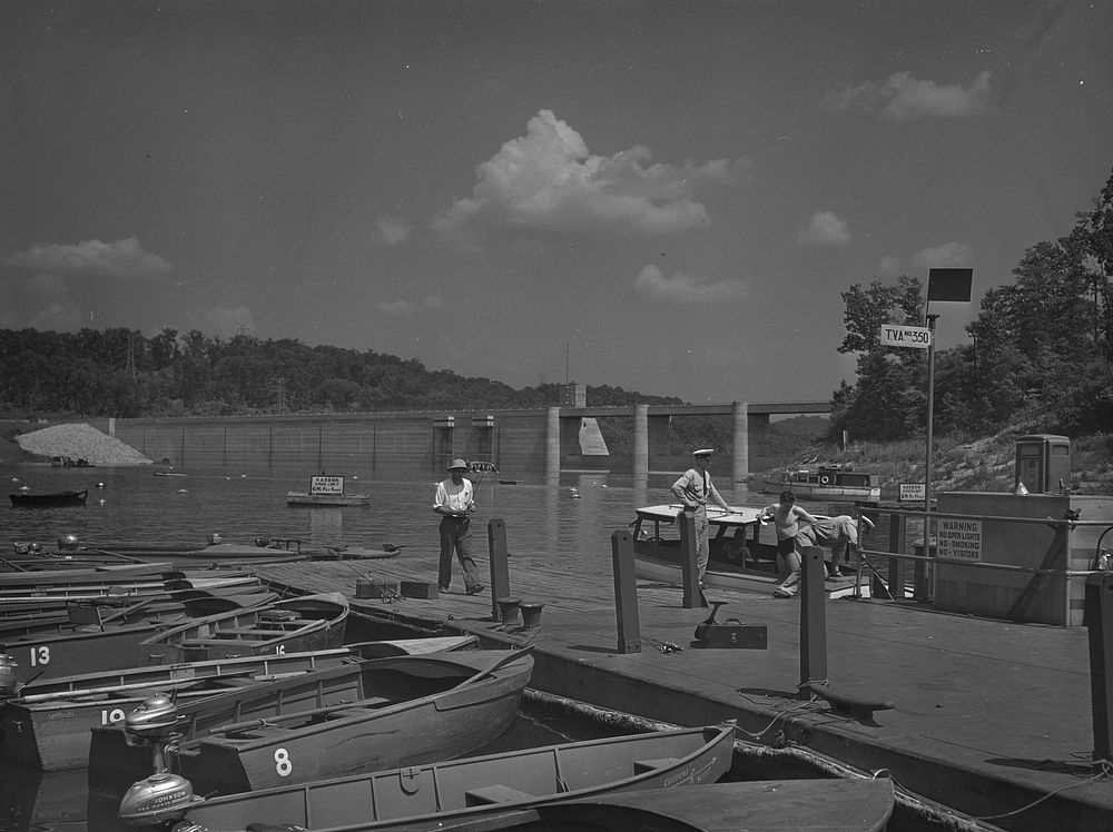 Norris Dam, Tennessee. Tennessee Valley Authority. Boats moored at Norris Lake. Sourced from the Library of Congress.
