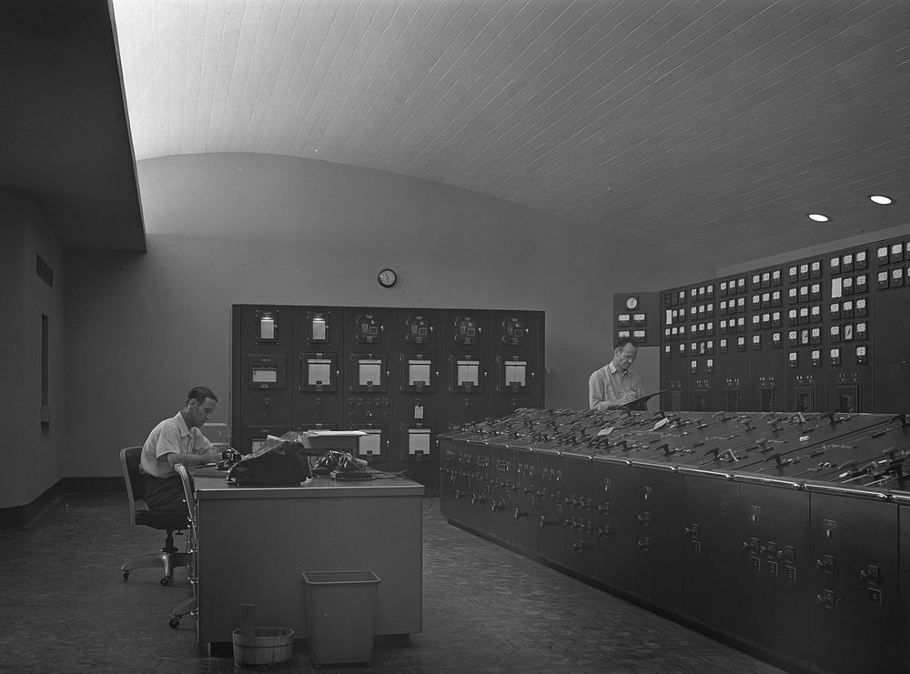 Watts Bar Dam, Tennessee. Tennessee Valley Authority. Control room. Sourced from the Library of Congress.