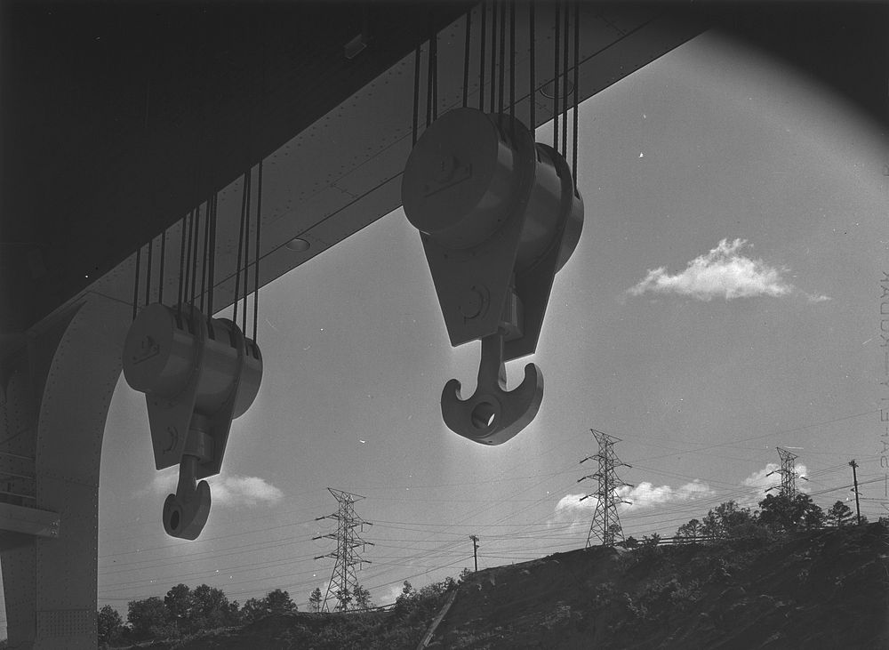 Watts Bar Dam, Tennessee. Tennessee Valley Authority. Hooks of 250 ton crane. Sourced from the Library of Congress.
