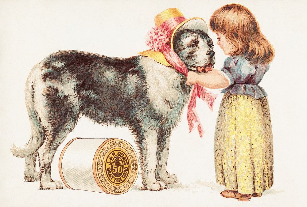 J & P. Coats Best Six Cord, 200 yds, 50 (1870&ndash;1900), little girl & dog vintage illustration. Original public domain…