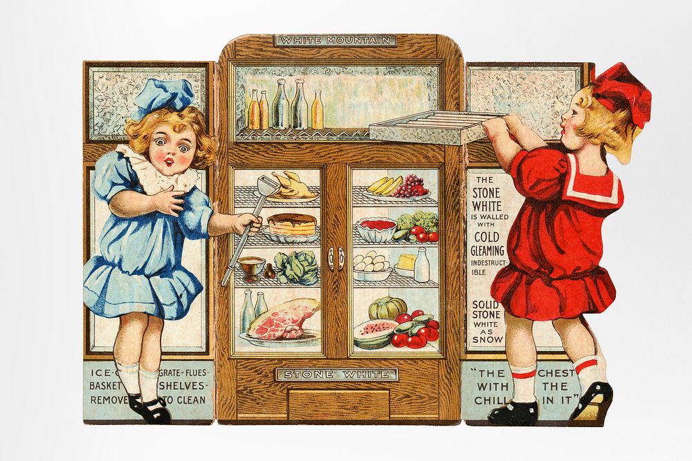 White Mountain refrigerators, "The chest with the chill in it." (1870&ndash;1900), vintage kids illustration.  Original…