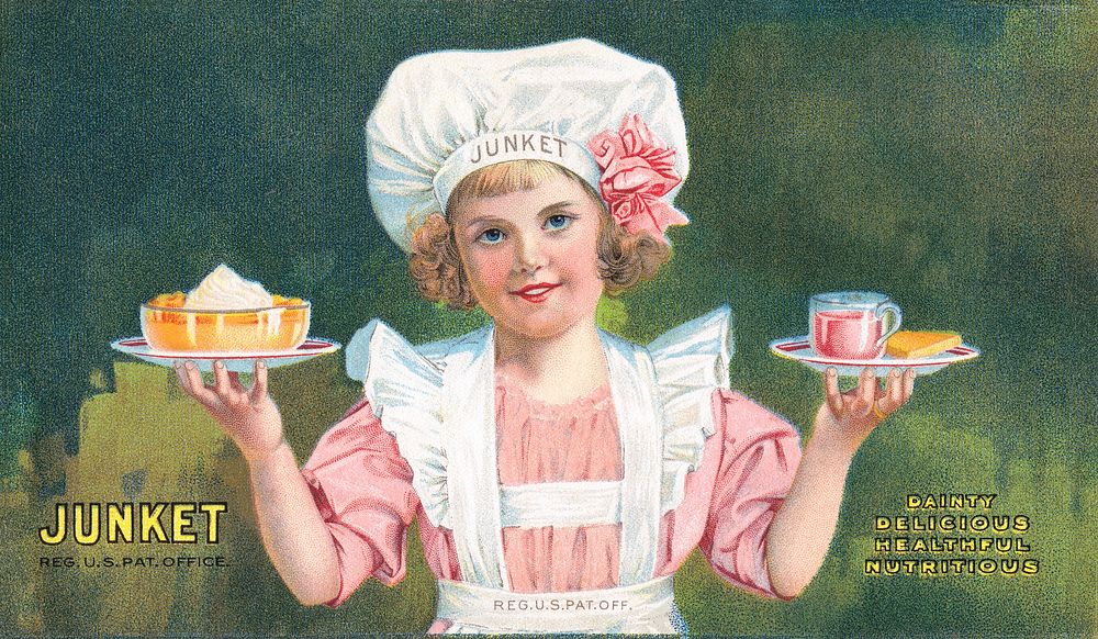 Junket, dainty, delicious, healthful, nutritious (1870&ndash;1900), vintage little girl illustration by Chr. Hansen's…