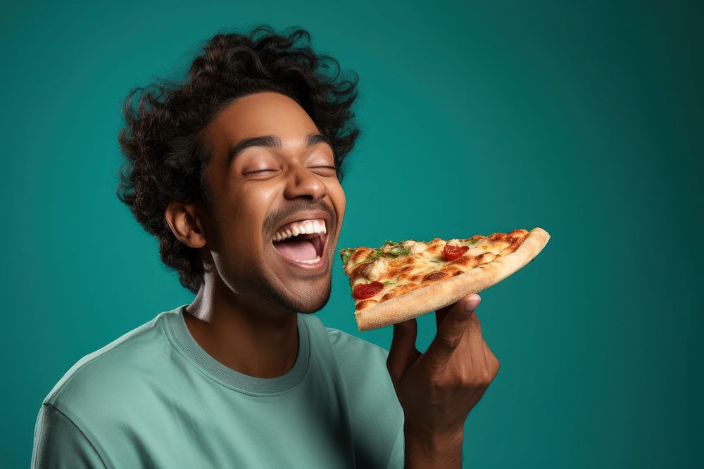 Eating pizza laughing adult. AI generated Image by rawpixel.