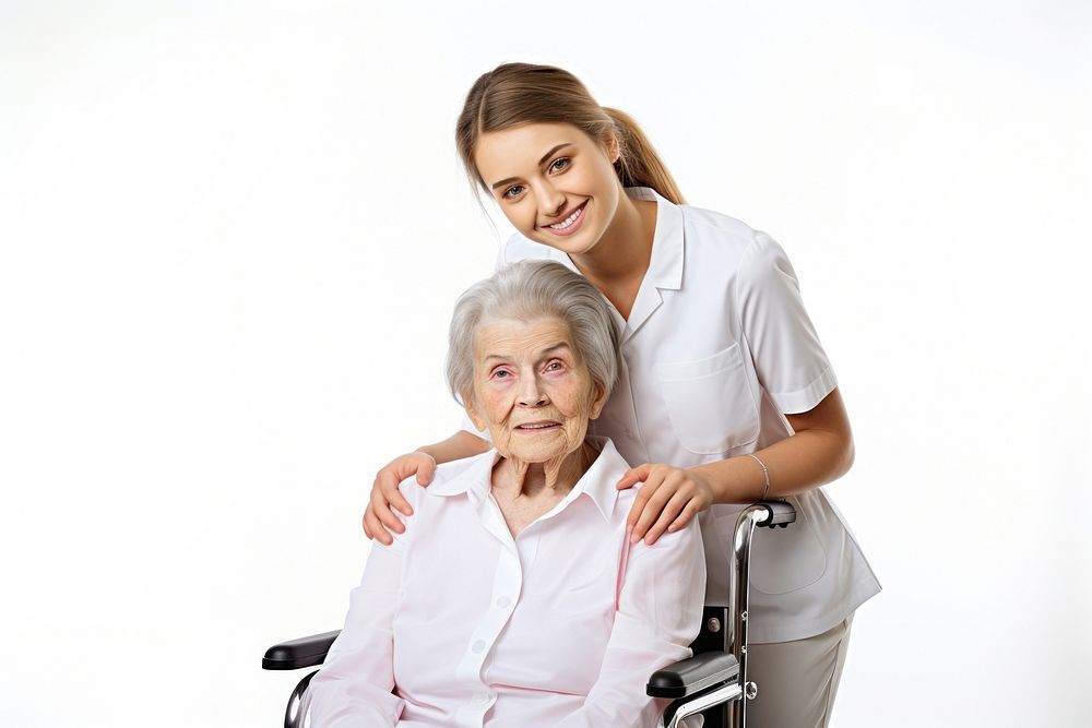 Adult nurse white background togetherness. 