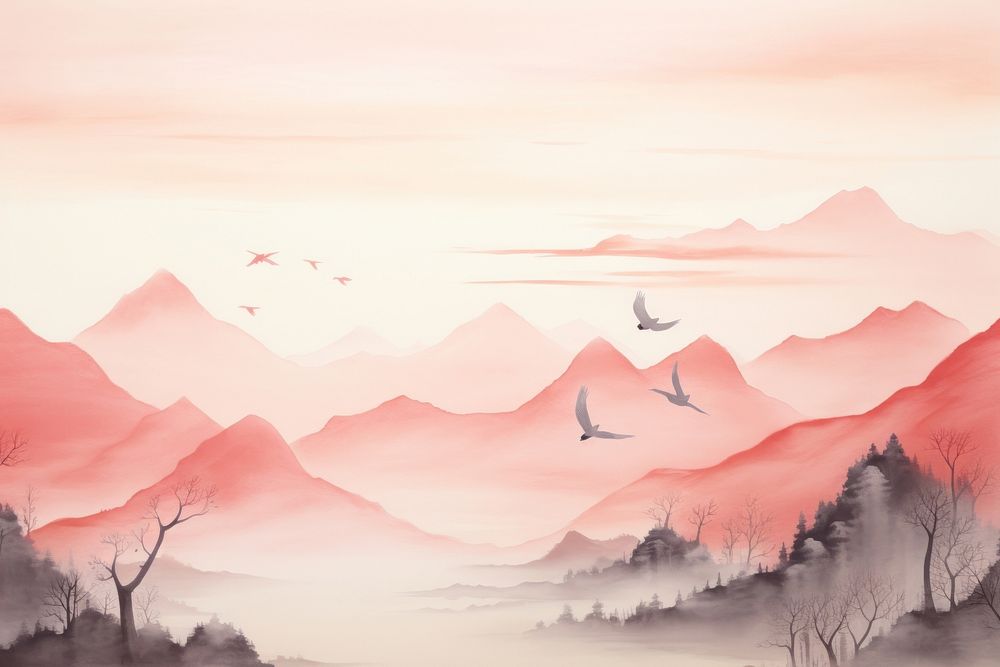 Painting bird landscape mountain. AI generated Image by rawpixel.