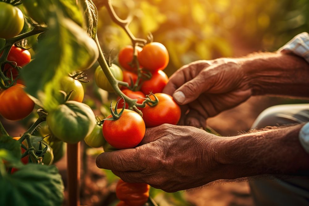 Tomato hand harvesting gardening. AI generated Image by rawpixel.