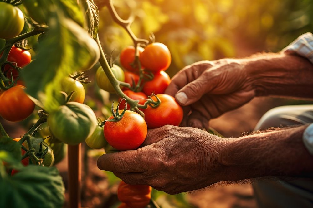 Tomato hand harvesting gardening. 