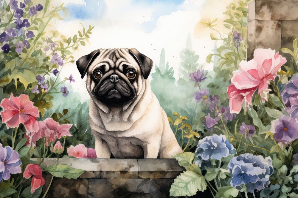Pug animal mammal flower. AI generated Image by rawpixel.