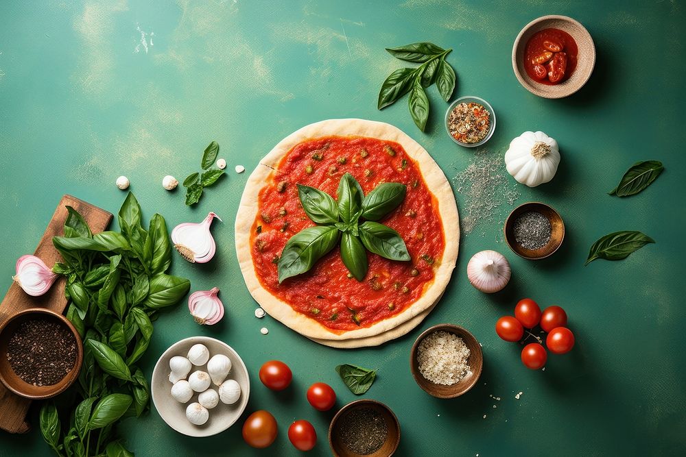 Pizza ingredient table plant. AI generated Image by rawpixel.