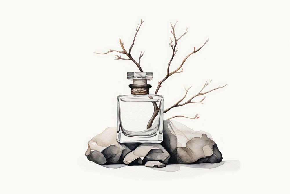 Perfume bottle branch plant. AI generated Image by rawpixel.