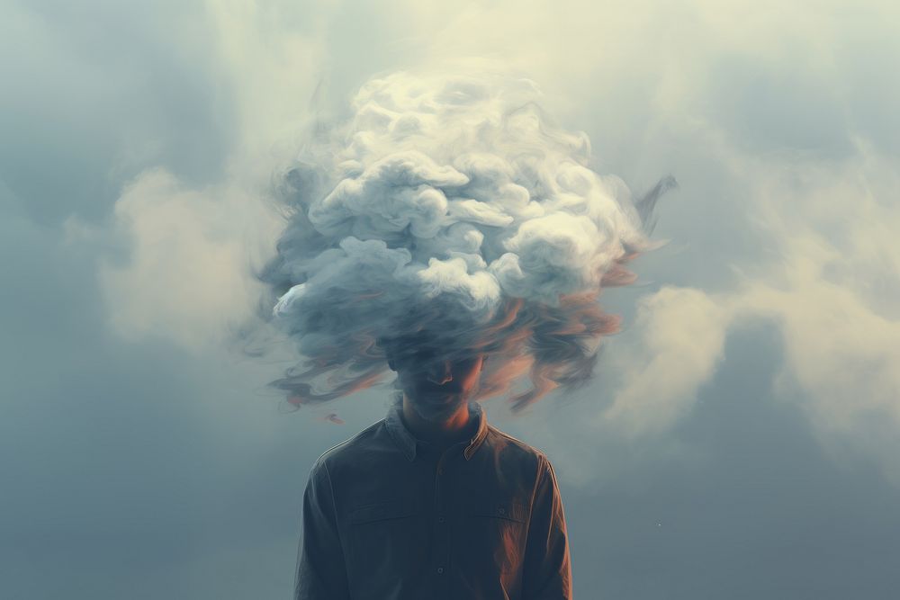 man disappearing, head in clouds, mental health, anxiety --ar 3:2 
