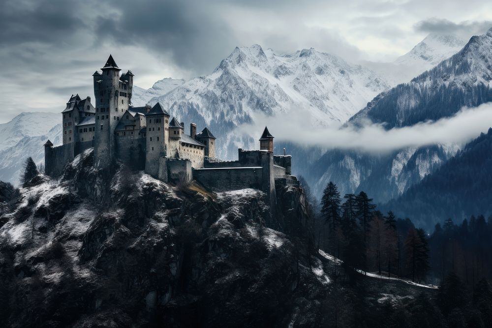 Mountain castle architecture landscape. AI generated Image by rawpixel.
