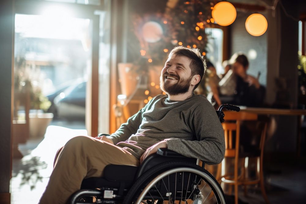 Wheelchair sitting adult happy. AI generated Image by rawpixel.