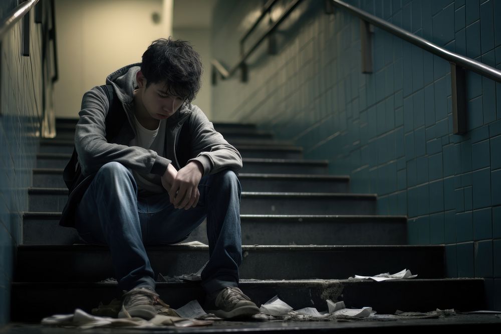 depressed student, school corridor, sitting down --ar 3:2