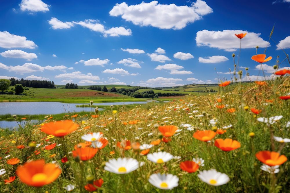 Landscape flower field grassland. AI generated Image by rawpixel.