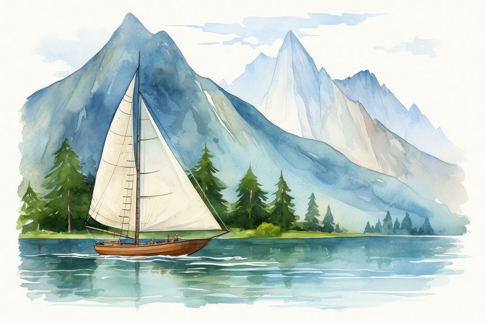 Sailboat watercraft landscape painting. AI generated Image by rawpixel.