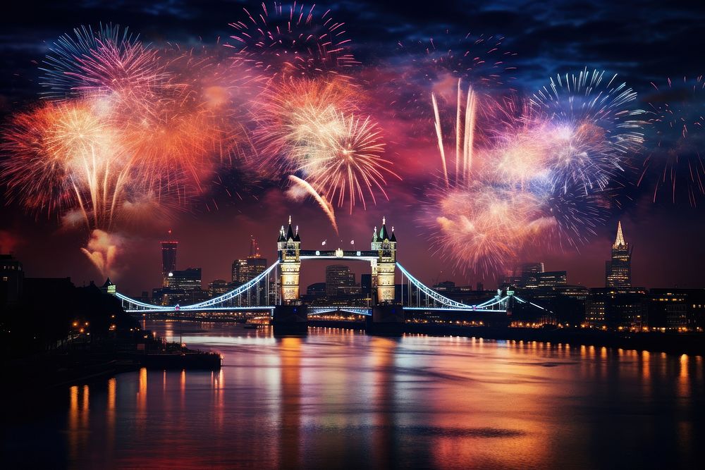 Fireworks architecture cityscape bridge. AI generated Image by rawpixel.