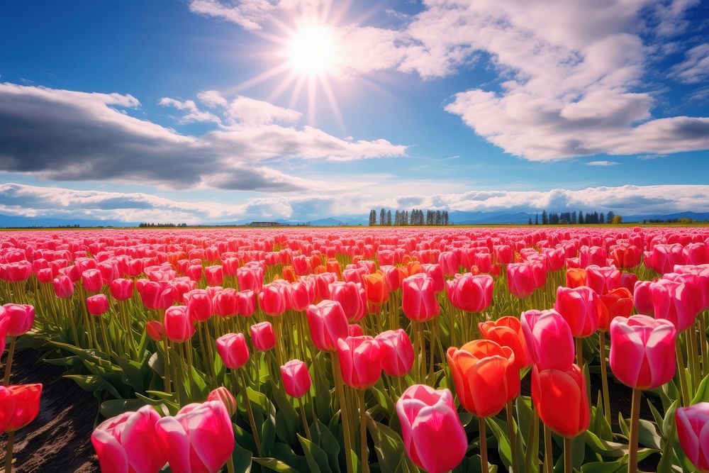 Tulip field landscape sunlight. AI generated Image by rawpixel.