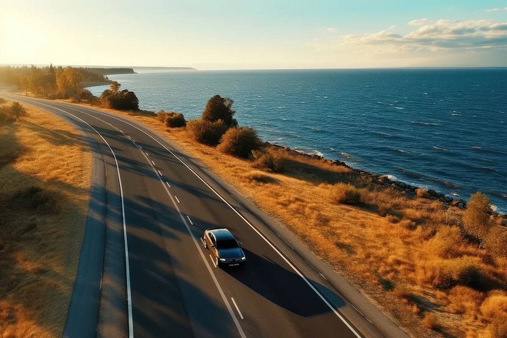 Car vehicle road sea. 