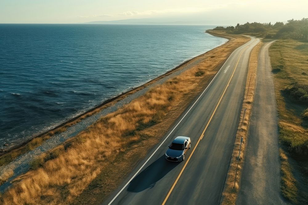 Car vehicle road sea. AI generated Image by rawpixel.