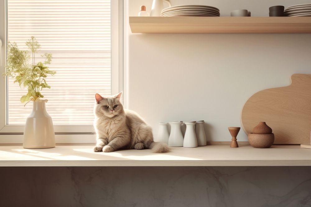 Windowsill kitchen animal mammal. AI generated Image by rawpixel.