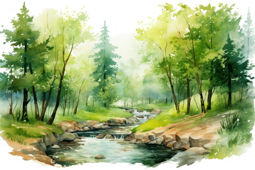 Painting forest creek outdoors. AI generated Image by rawpixel.