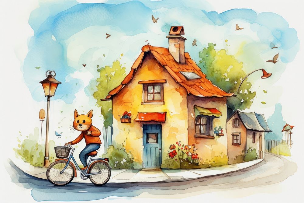 Bicycle house architecture painting. AI generated Image by rawpixel.