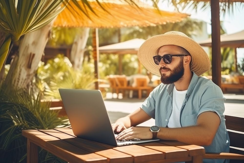 Laptop sunglasses computer vacation. 