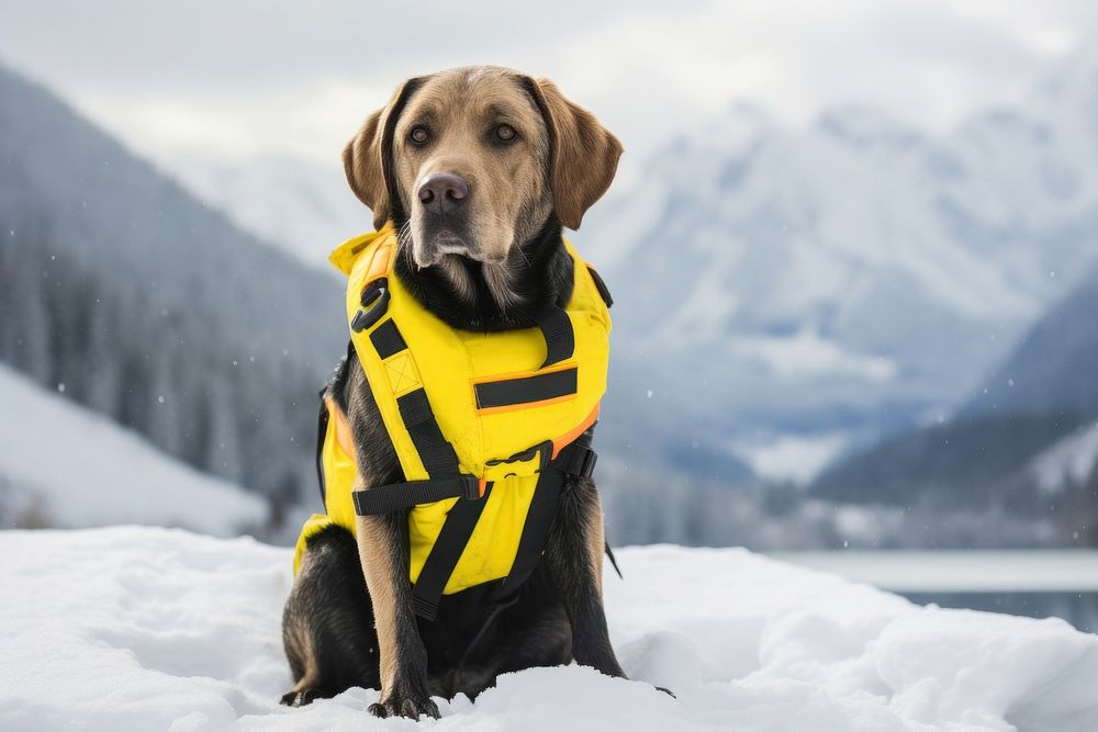 Dog lifejacket retriever mountain. AI generated Image by rawpixel.