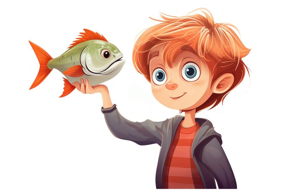 Fish holding cartoon animal. 