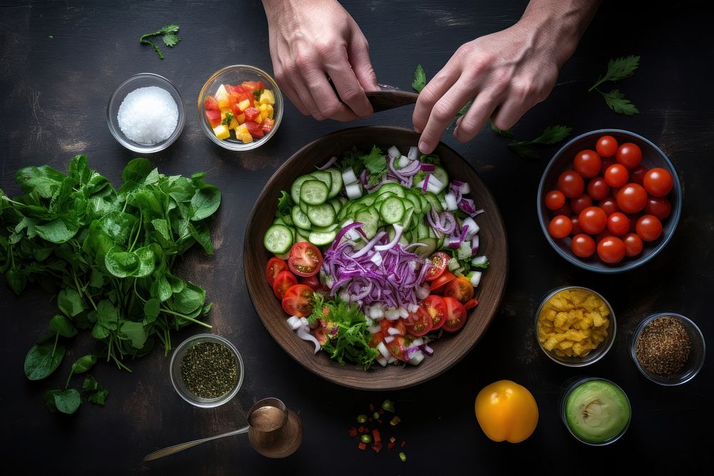 Ingredient cooking salad table. AI generated Image by rawpixel.