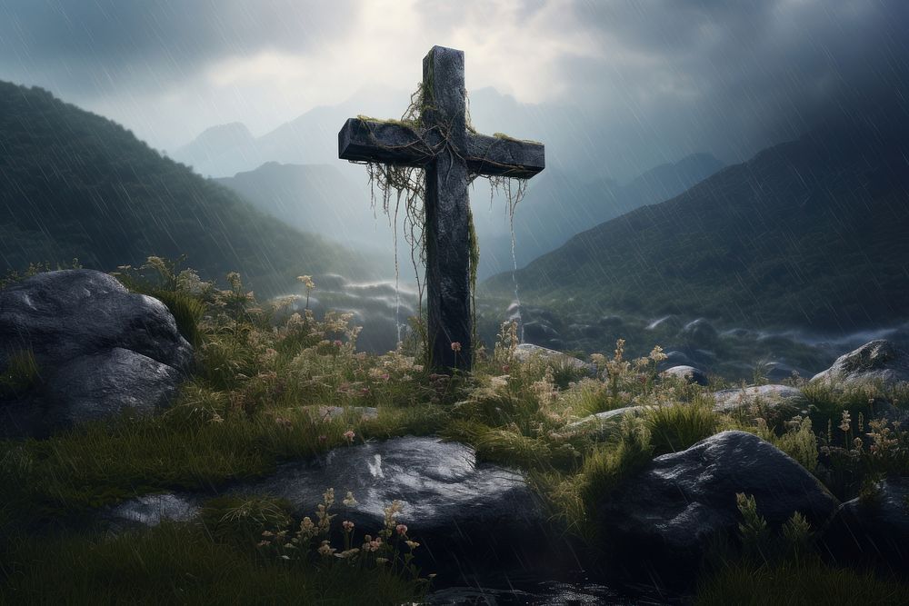 Cross mountain outdoors spirituality. AI generated Image by rawpixel.