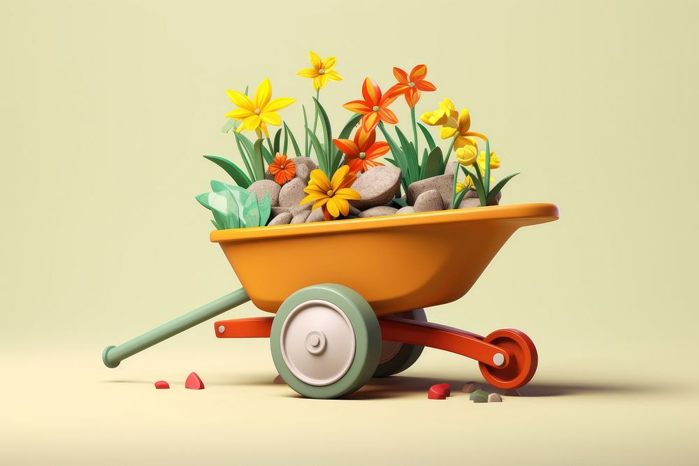 Wheelbarrow cartoon flower plant. AI generated Image by rawpixel.