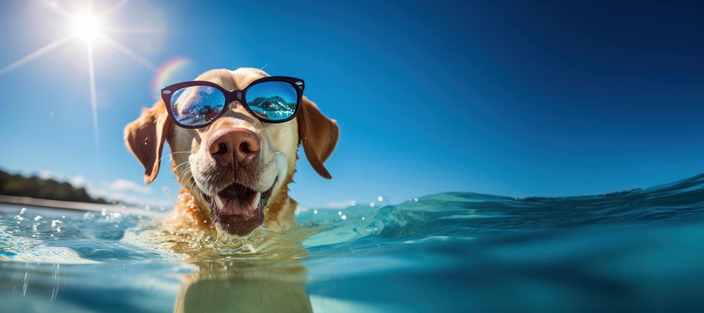 Swimming sunglasses retriever outdoors. 