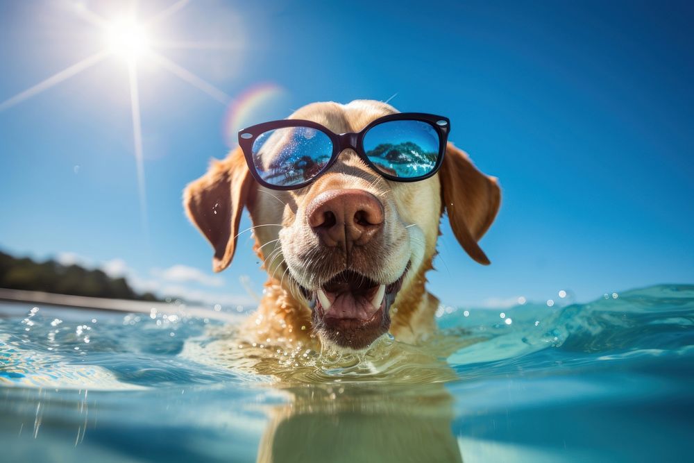 Swimming sunglasses retriever outdoors. AI generated Image by rawpixel.