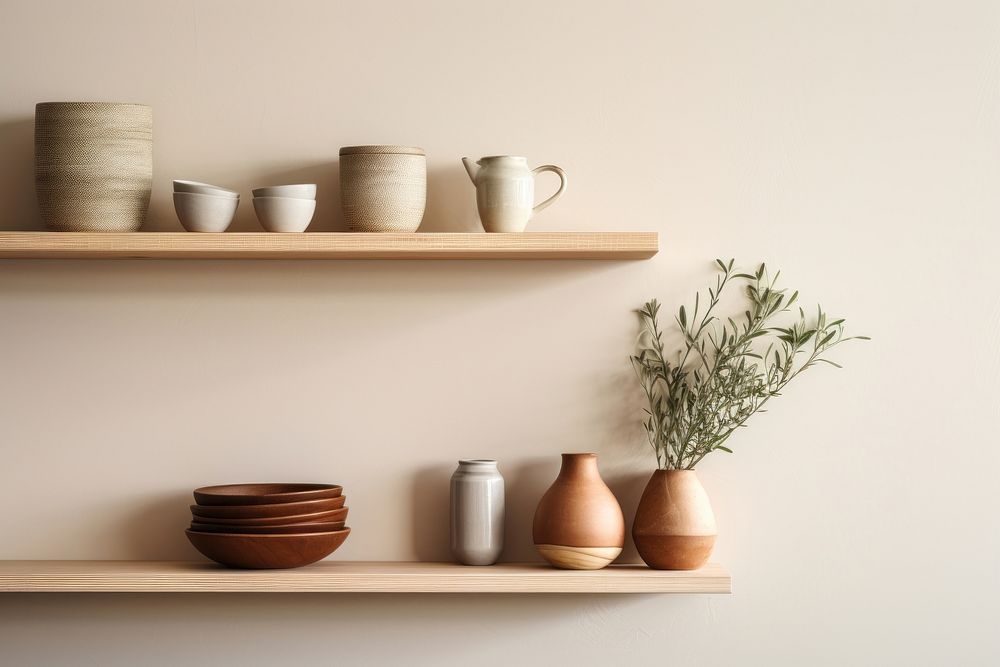 Shelf pottery plant wood. 