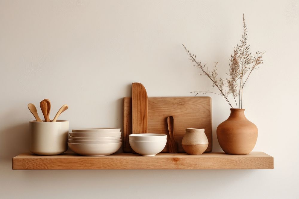Shelf wood pottery kitchen. AI generated Image by rawpixel.