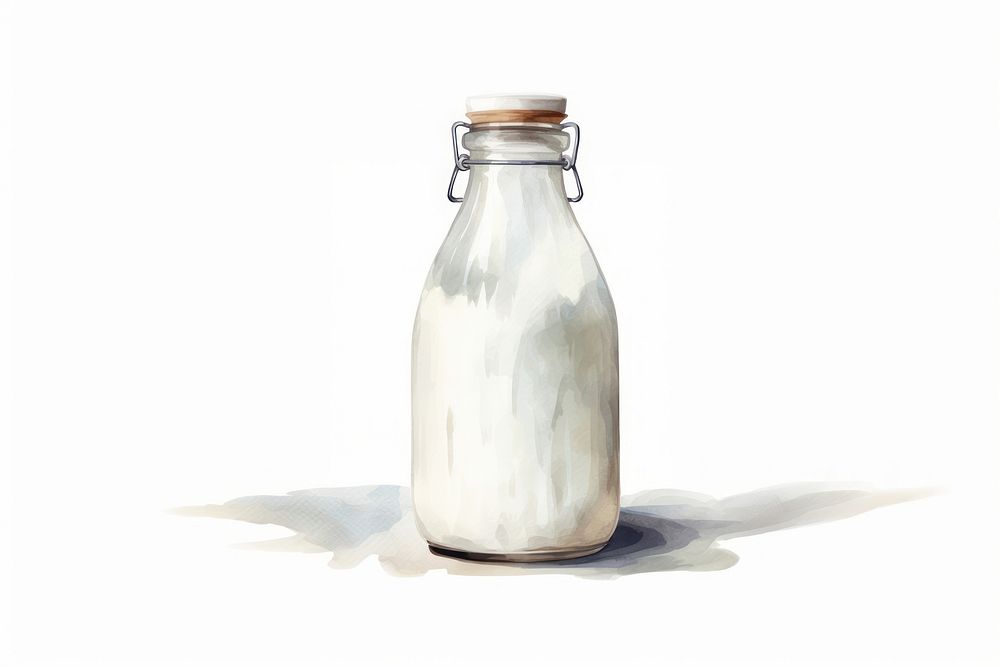 Milk bottle glass dairy, digital paint illustration. AI generated image